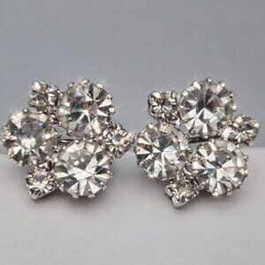 Vintage Rhinestone Screw Back Earrings Silver-Tone Cluster Bridal Wedding